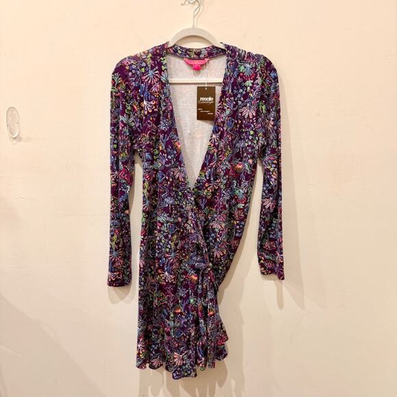 Lilly Pulitzer 3/4 Sleeve Jersey Surplice Wrap Mini Dress Purple/Blue Women's L